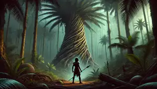 Obinna se encuentra frente a la inmensa Palma Parlante, escuchando atentamente mientras los susurros del árbol llenan el aire con sabiduría ancestral.