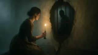 Una vela parpadeante ilumina una ventana enrejada tras papel tapiz amarillo desgarrado, más allá de la cual acecha una sombra pálida.