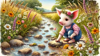 Olivia, la cerdita, bebiendo agua de un arroyo transparente y cristalino.