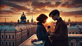 Una joven pareja abrazándose en una terraza en la azotea mientras el sol se pone sobre San Petersburgo.