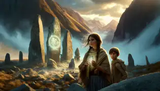 Rosa y Mateo se encuentran ante las resplandecientes ruinas de piedra, resolviendo acertijos bajo la luz dorada de un atardecer andino.