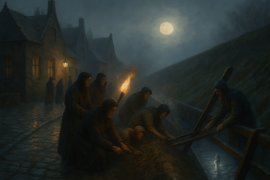 Los aldeanos de Edam lanzan cientos de faroles sobre el agua bajo la luz de la luna, mientras una luminosa sirena emerge para unirse a la celebración, con las olas brillando con fosforescencia.