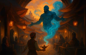 Genio emergiendo de la lámpara mágica en un torbellino de niebla azul.