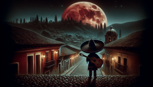 Retrato de la silueta de El Sombrerón bajo la luna llena con una guitarra