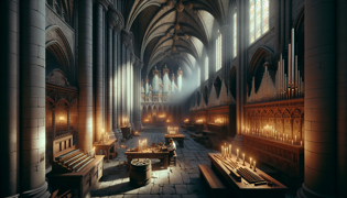Representación histórica de Johann Steiger fabricando el órgano de la Hofkirche, rodeado por la luz de faroles y con herramientas esparcidas sobre el suelo de madera.
