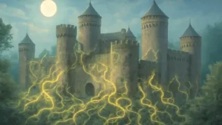 Un laberinto de matorrales luminosos que envuelve un castillo antiguo