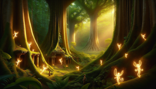 Un estudioso jura ante diminutas y brillantes criaturas en un recinto iluminado por jade, con una ramita de ceiba en crecimiento.