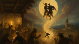 Pan Twardowski is seized by the devil at the inn named Rome, swirling toward the Moon.