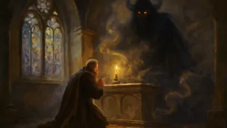 Pan Twardowski kneels in a haunted chapel before a shadowy devil.