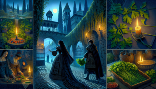 Moonlit garden with rows of parsley behind iron rails and a cloaked sorceress