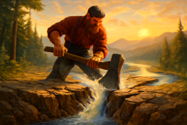 Paul Bunyan balanceando su hacha para esculpir los Grandes Lagos.
