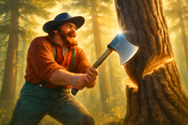 Paul Bunyan balanceando su hacha contra un enorme pino gigante