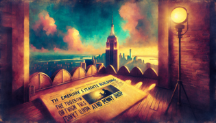 Una vieja fragmento de periódico que relata la leyenda de la moneda de un centavo del Empire State Building, con énfasis dramático.