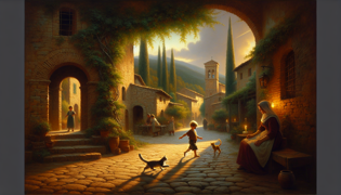 A medieval pilgrim steps through an arched gateway into a silent Italian courtyard with church bells in the distance