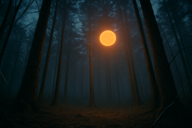 Una fotografía nocturna con baja calidad que muestra un orbe resplandeciente flotando sobre pinos.