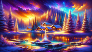 Uma paisagem de inverno transformada com explosões de cores quentes e a luz radiante do sol entre a neve e os pinheiros.