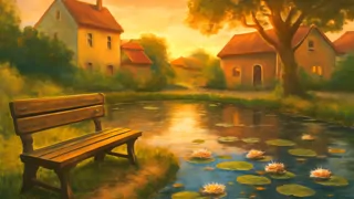 Un hombre contemplativo sentado junto a un estanque del pueblo al atardecer.