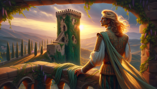 Prince climbing ivy-covered tower under twilight to meet a golden-haired maiden