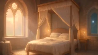 El príncipe Lucien inclinándose para besar a la princesa dormida en medio de una luz dorada.