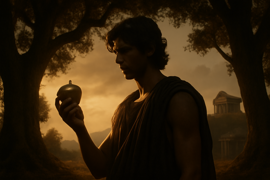 París contemplando la manzana dorada en un árbol del bosque a la luz de la luna