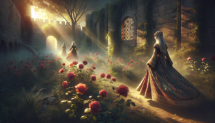 Princesa Layla em um prado vibrante cheio de rosas vermelhas e rosas cor-de-rosa sob a luz quente do sol.