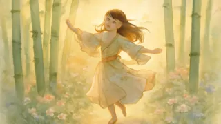 La princesa Kaguya jugando entre bambúes y flores silvestres, con su joven figura irradiando luz.