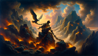 Prometeo encadenado a un acantilado rocoso, un águila descendiendo en la luz de un amanecer tormentoso, las cadenas brillando de manera brutal.