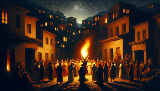 La luz parpadeante de las llamas ilumina un pueblo en la noche, con personas reunidas alrededor de una llama central que Prometeo ha entregado.