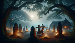 Un jeune couple dansant au clair de lune parmi des menhirs dans une clairière du village.
