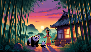Twilight scene with Goldy Luck bidding farewell to her panda friends outside the charming cottage.