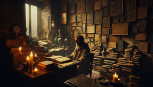 Un profeta solitario en un estudio iluminado por velas, rodeado de libros antiguos y reliquias.