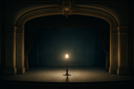 Arco de telón vacío iluminado por una sola luz fantasma en un teatro a oscuras.