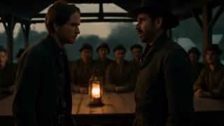 Un tenso enfrentamiento entre el capitán Sinclair y Bauer bajo la atenta mirada de otros soldados en el campamento.