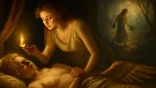 Psique contempla a Cupido dormido bajo la luz de la lámpara, y luego vaga por los bosques salvajes durante sus pruebas.