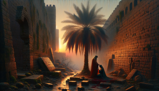 Dos amantes yacen entrelazados bajo una palmera datilera, manchada de sangre al amanecer en un jardín babilónico.