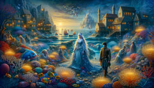 A luminous mermaid queen emerges from serene waters to meet a resolute young adventurer.