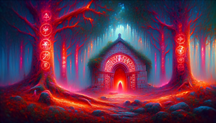 Una cámara oscura de piedra, con runas que brillan en rojo mientras una figura pálida se transforma.