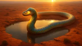 La Serpiente Arcoíris emergiendo de un pozo de agua oculto, con sus escamas resplandecientes en tonos iridiscentes bajo un cielo pálido del amanecer.