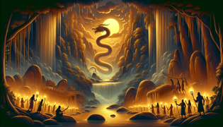 Serpiente Arcoíris iluminada por la luz de la luna entretejiéndose a través de la niebla de la cascada de La Toc
