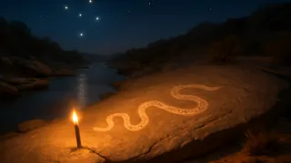 Antiguas esculturas aborígenes a lo largo de una ribera, que representan a la Serpiente Arcoíris bajo cielos estrellados