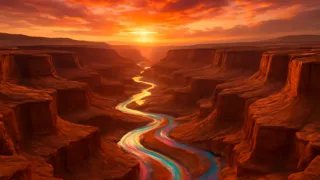 Ríos plateados serpenteando a través de cañones de arenisca roja bajo un atardecer dorado, moldeados por la Serpiente Arcoíris.