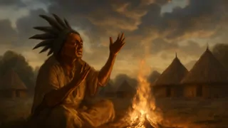Rainmaker performing ritual as dark clouds gather above village