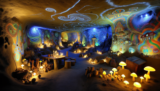 Intricate underground living space of the Rat People with bioluminescent lighting and communal murals.
