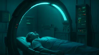 Un paciente yace en una cápsula reclinable rodeado de intrincados escáneres de mapeo neural en una sala médica de alta tecnología.