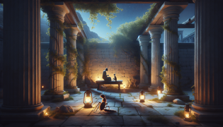 Ant and grasshopper in a Greek courtyard under a starlit sky, sharing wisdom and compassion.