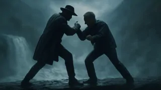 Holmes y Moriarty luchando en una estrecha cornisa sobre las cataratas de Reichenbach durante la noche.