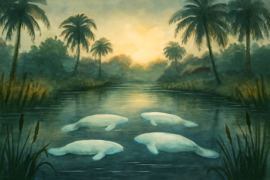 A pair of luminous manatee shapes emerging from still resaca water surrounded by lush vegetation