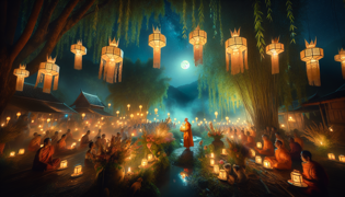 Los aldeanos y los animales se reúnen bajo suaves y brillantes faroles en un claro, compartiendo un ritual reparador nocturno.
