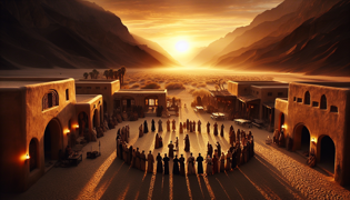 A diverse group of community members engaging in a ritual under the warm desert dawn to protect the ancient giants.