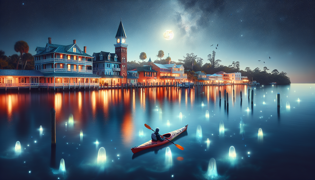 Kayak bajo un cielo estrellado con siluetas fantasmales y luces brillantes sobre el agua.